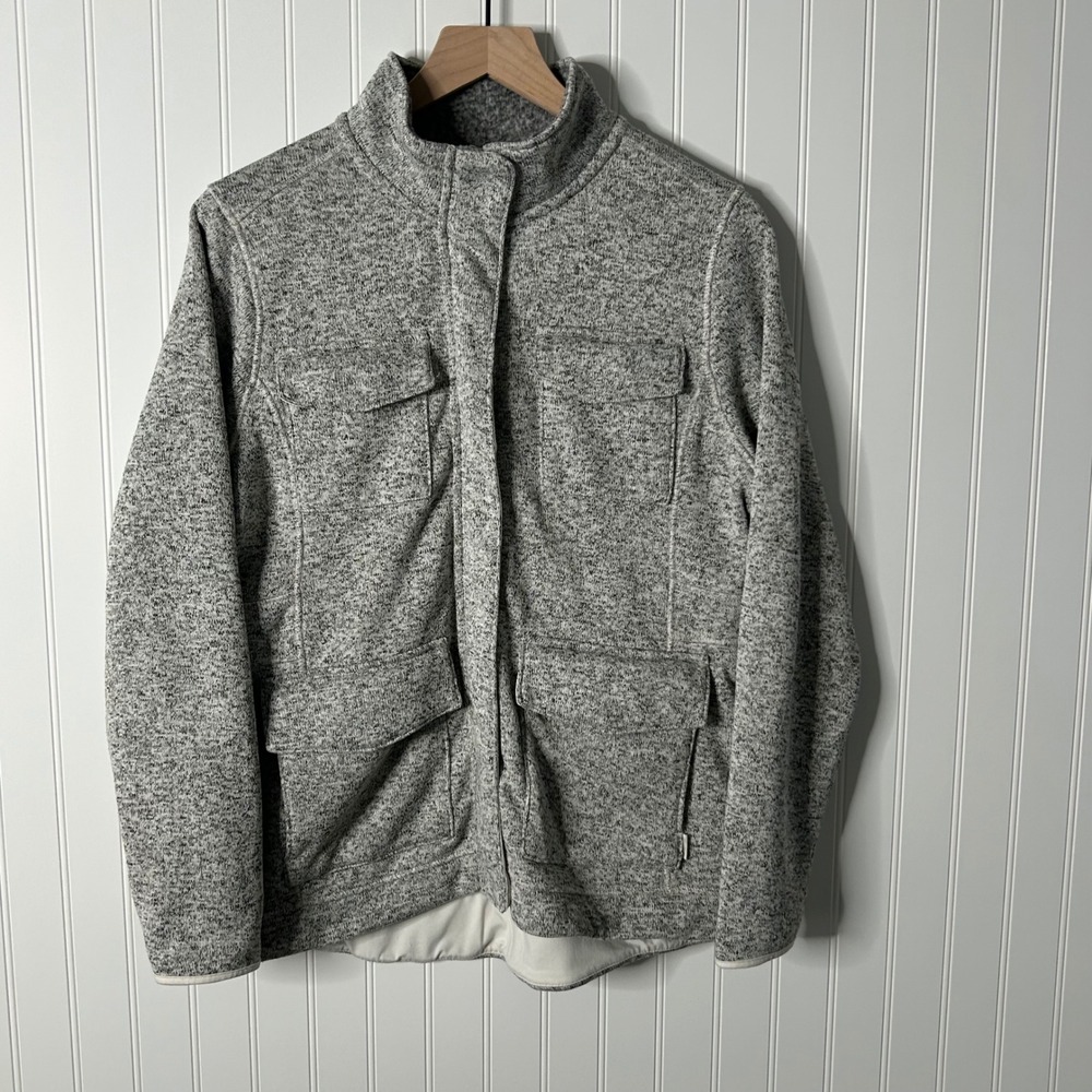Eddie Bauer Womens XL Gray Marl Knit Full Zip Fleece Jacket Mock Neck 4 Pocket